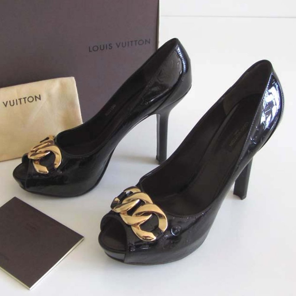 new LOUIS VUITTON Monogram Vernis chain peep toe pumps 8.5 US 38.5 - Picture 4 of 13